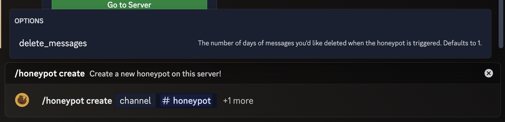 An image of the /honeypot create command being used, with the channel option set to #honeypot