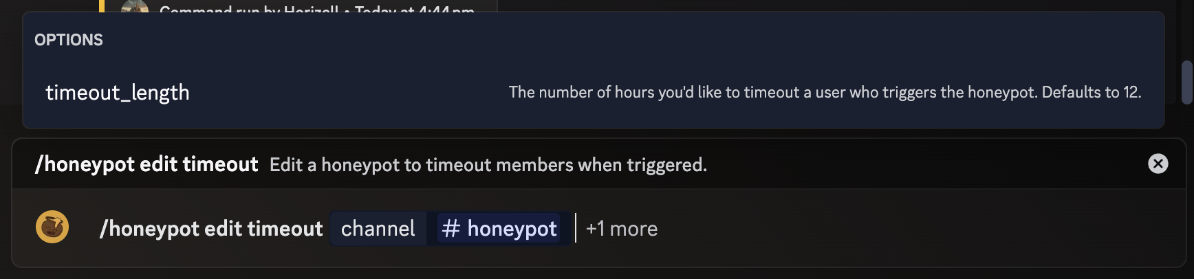 An image of the /honeypot edit timeout command being used, with the channel option set to #honeypot