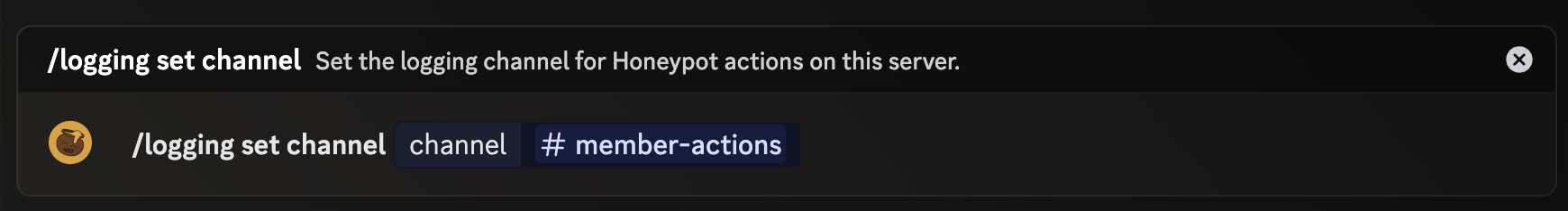 An image of the /logging set channel command being used, with the channel option set to #member-actions