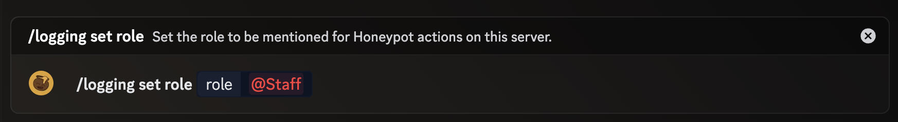 An image of the /logging set channel command being used, with the role option set to @Staff